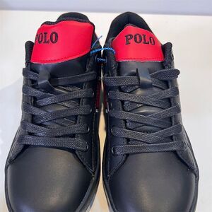 Polo Ralph Lauren Kids Bear Logo Black Leather Sneakers Lace Up Size 2